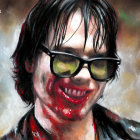 Illustration of a zombie-like figure with blood splatters and dark sunglasses