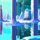 Futuristic cityscape with icy blue towers reflected in serene waters