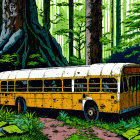 Decaying yellow school bus in dense forest with tall trees & sunlight.