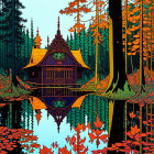 Detailed illustration: Ornate cabin in autumn forest by tranquil lake