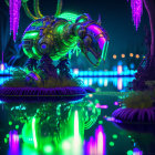 Futuristic neon dragon on island with vibrant vegetation and city lights