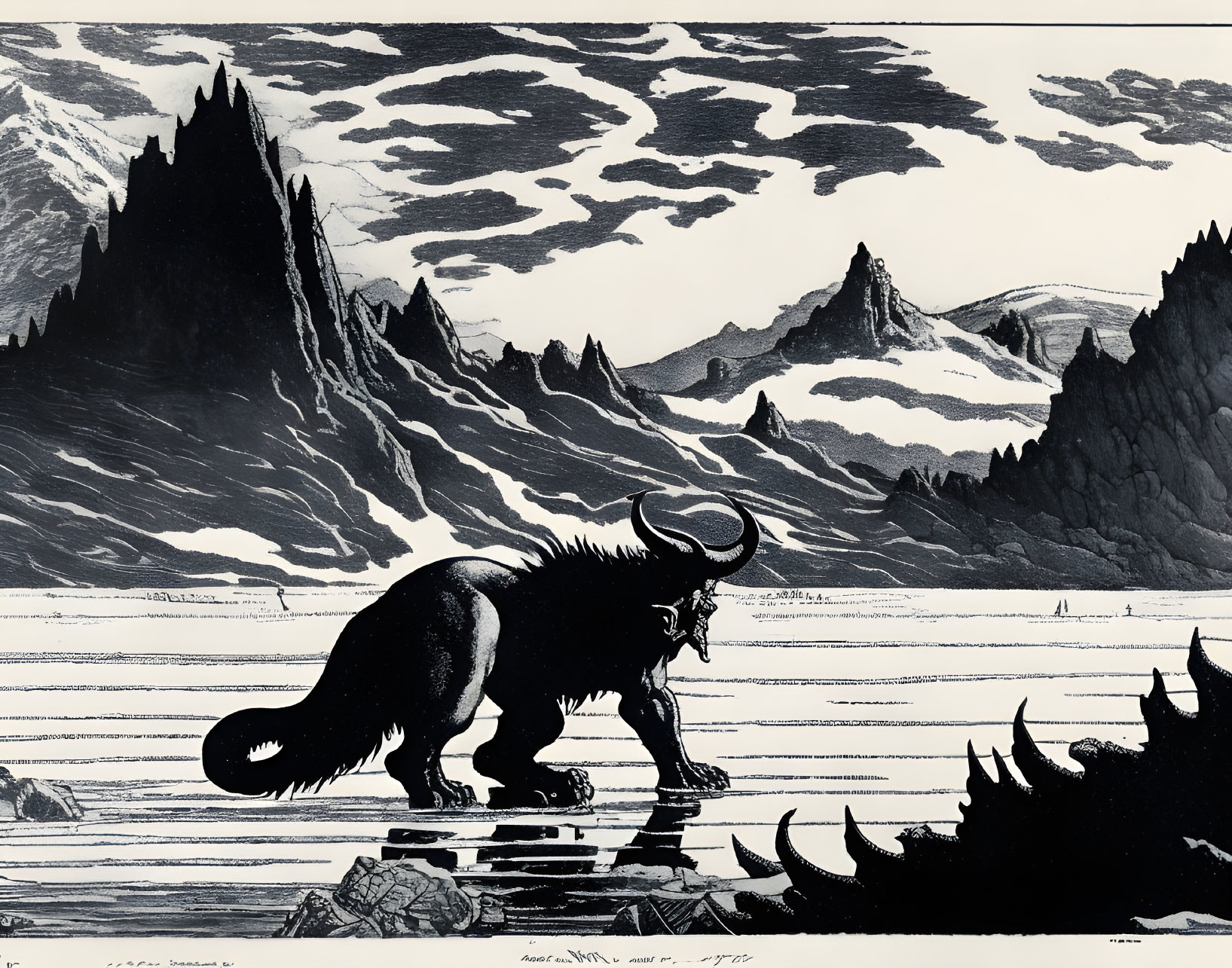 Monochrome illustration of muscular bison in mountain landscape