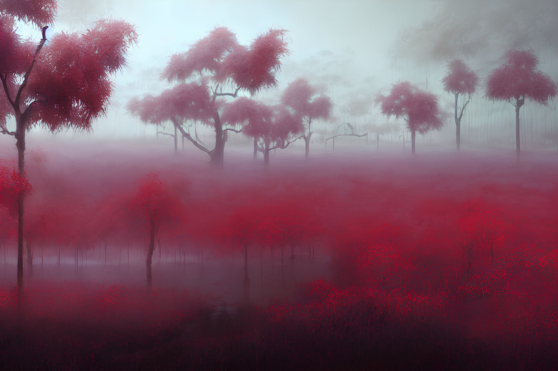 Misty red foliage landscape with silhouetted trees and vibrant undergrowth