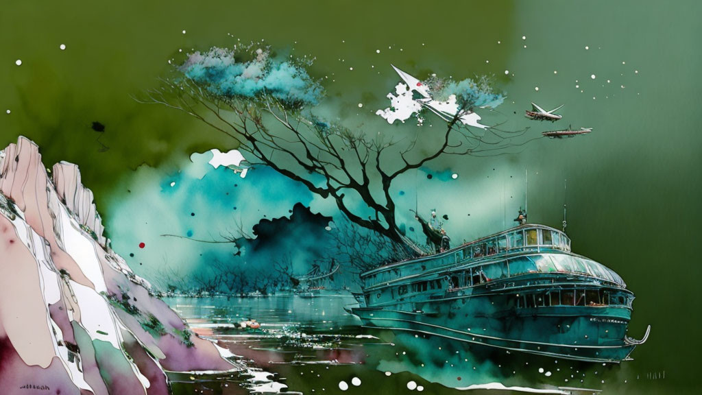 Illustration of boat on calm waters with blossoming tree, birds, and rocky outcrop
