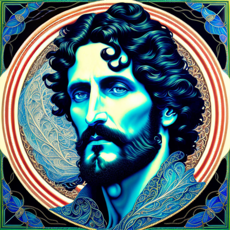 Colorful portrait of man with curly hair and beard against psychedelic background