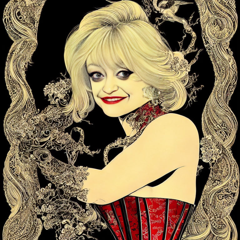 Blonde Woman in Red Corset with Golden Floral Patterns