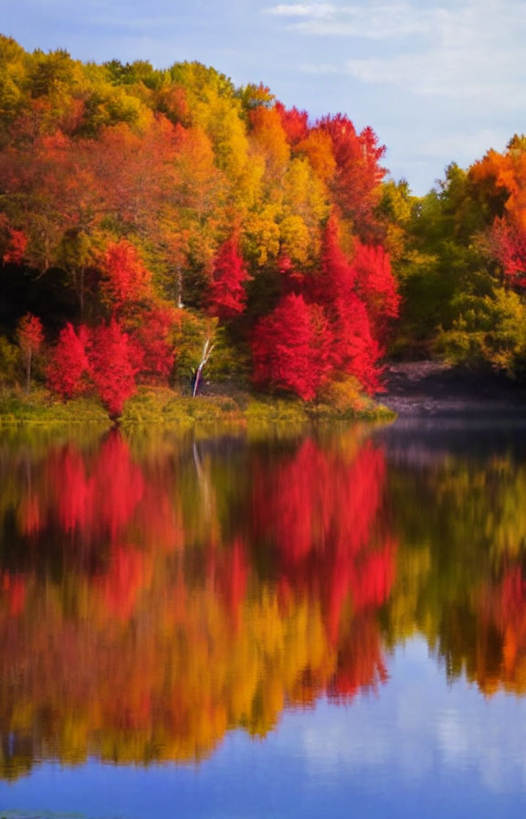 Scenic fall foliage reflecting on calm lake with red, orange, and yellow leaves