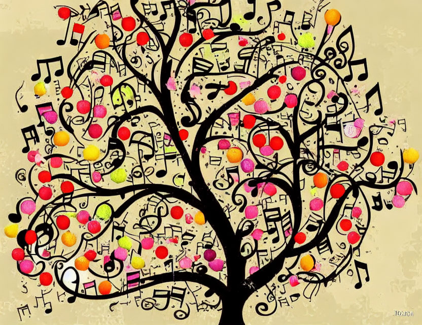 Colorful Music Note Tree on Textured Beige Background