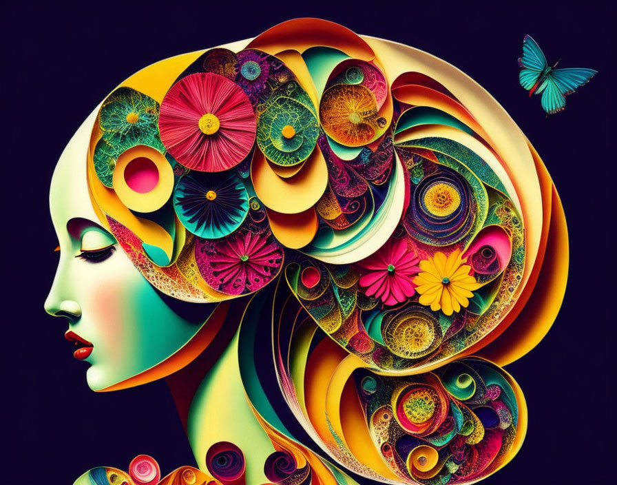 Colorful digital artwork: Woman's profile with floral patterns and butterfly.