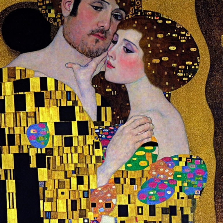 Woman resting head on man's shoulder with gold patterns and colorful motifs.