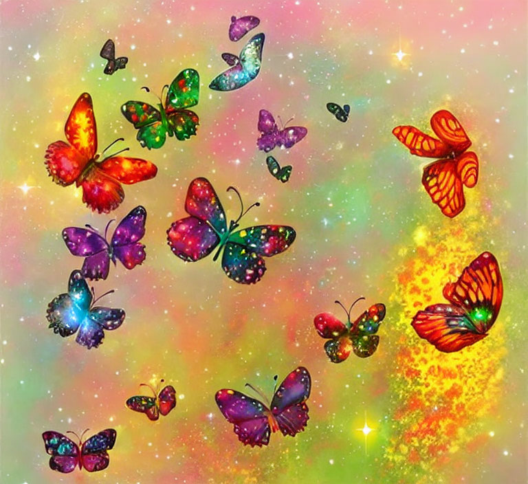 Vibrant butterflies with diverse wing patterns on colorful starry backdrop