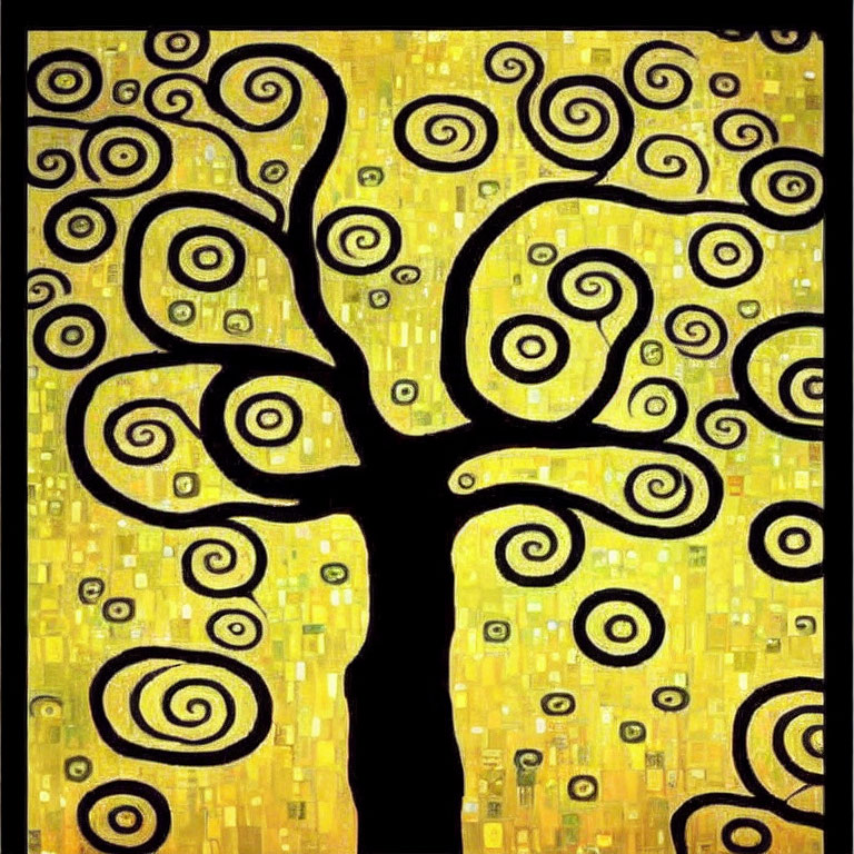 Silhouetted tree with swirling branches on golden mosaic background
