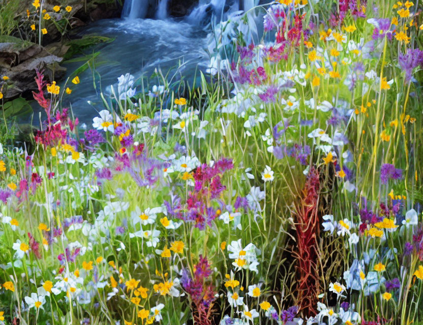 Colorful Wildflowers and Soft-focus Waterfall Scene