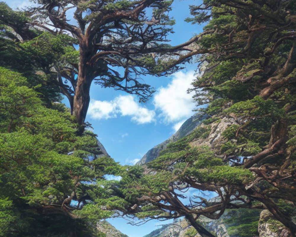 Ancient twisted trees against mountainous landscape