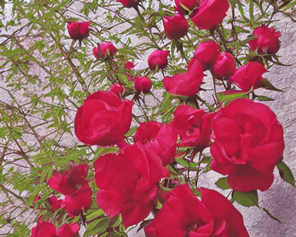 Vibrant red roses against textured gray wall with lush green leaves