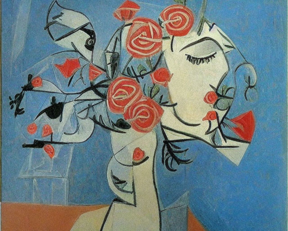 Stylistic Figure and Red Roses in Abstract Painting with Cubist Influence
