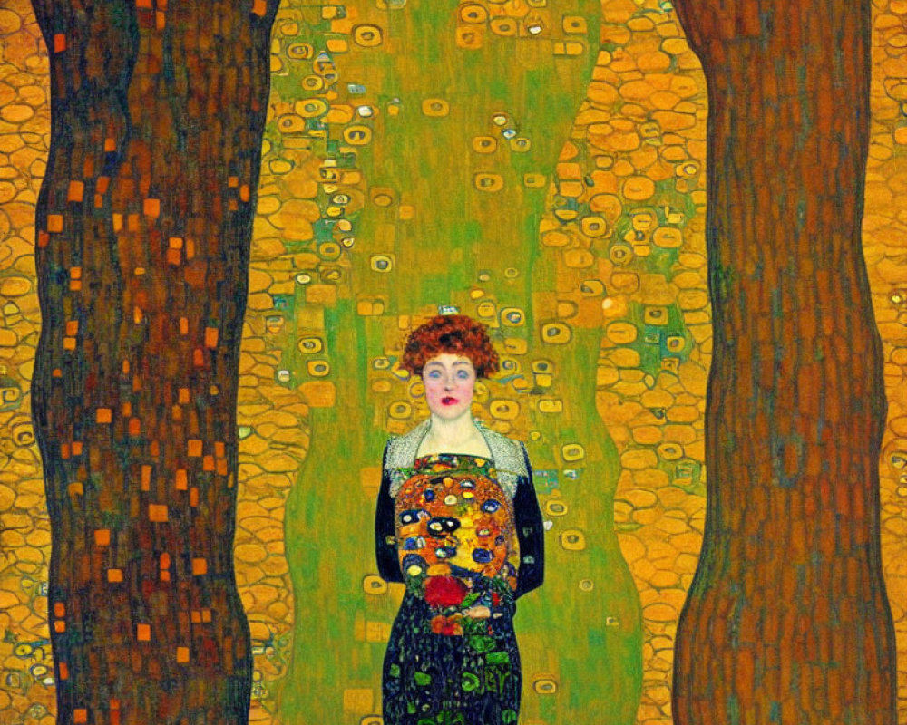 Woman in mosaic gown in stylized forest scene