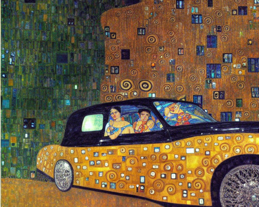 Car painted in Gustav Klimt's "The Kiss" style with matching passengers