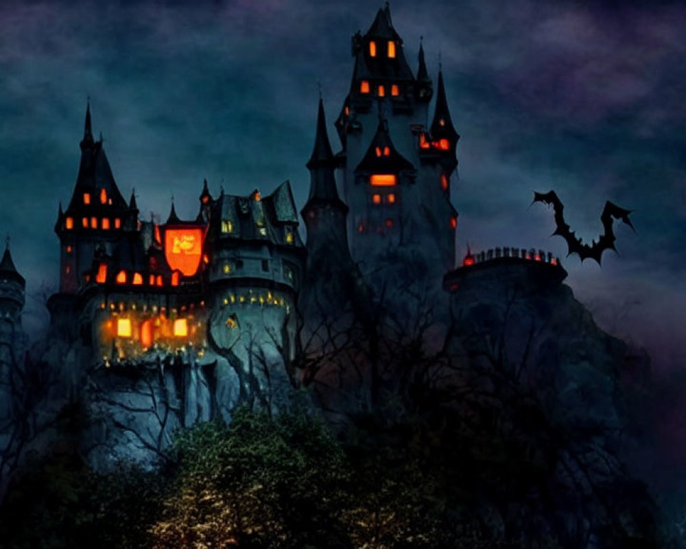 Eerie night scene: castle with illuminated windows and dragon flying by.