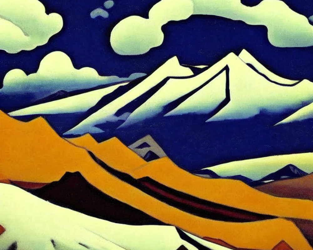 Snow-capped mountains painting with blue shadows and yellow-orange hills