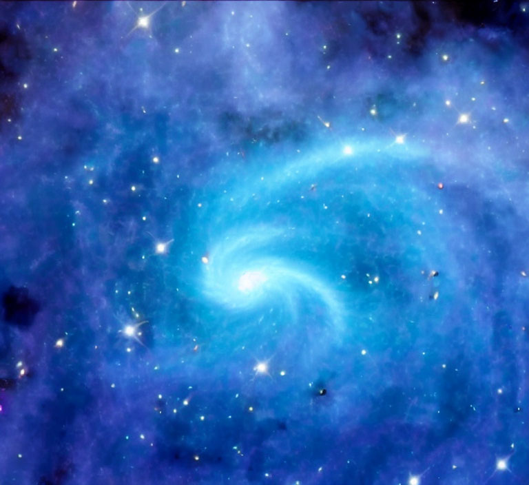 Blue and White Swirling Galaxy with Stars in Cosmic Landscape