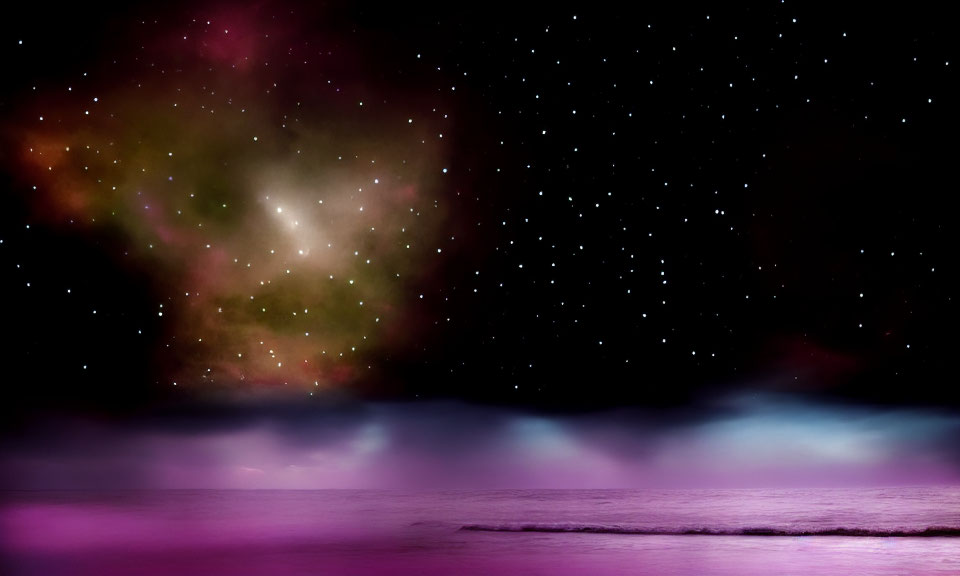 Ocean with Pink Waves in night and Sky with Stars