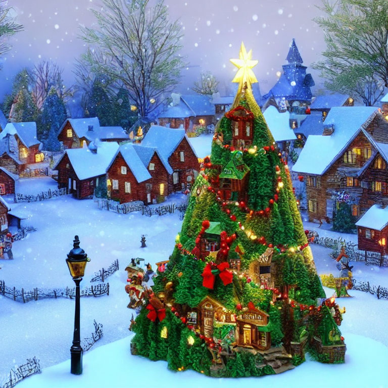Snow-covered village Christmas tree under falling snowflakes