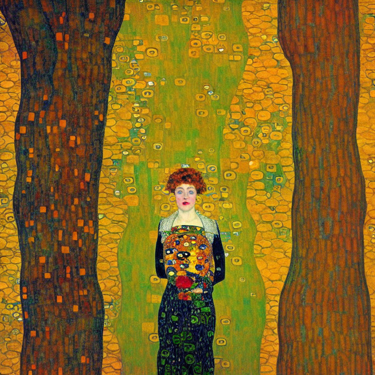 Woman in mosaic gown in stylized forest scene