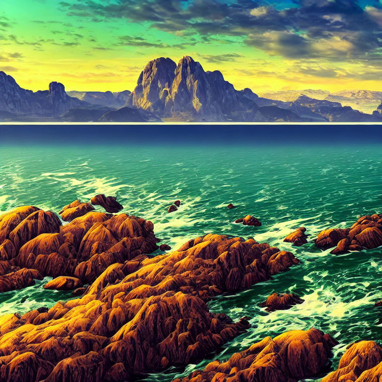 Scenic coastal landscape with turquoise sea and mountain peaks