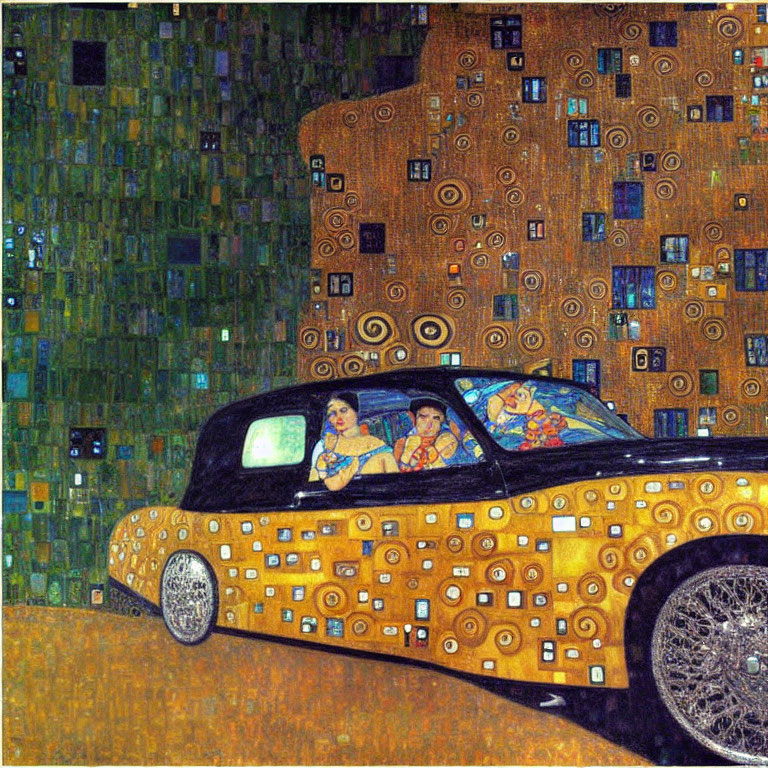 Car painted in Gustav Klimt's "The Kiss" style with matching passengers