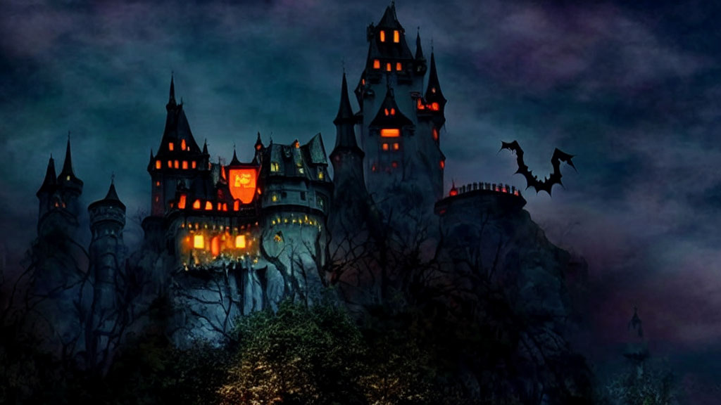 Eerie night scene: castle with illuminated windows and dragon flying by.