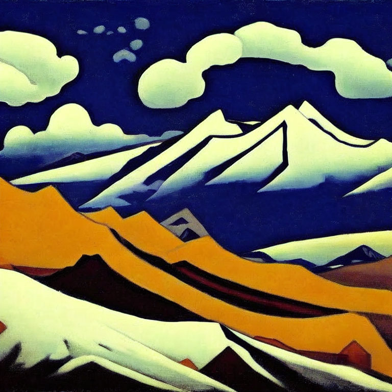 Snow-capped mountains painting with blue shadows and yellow-orange hills