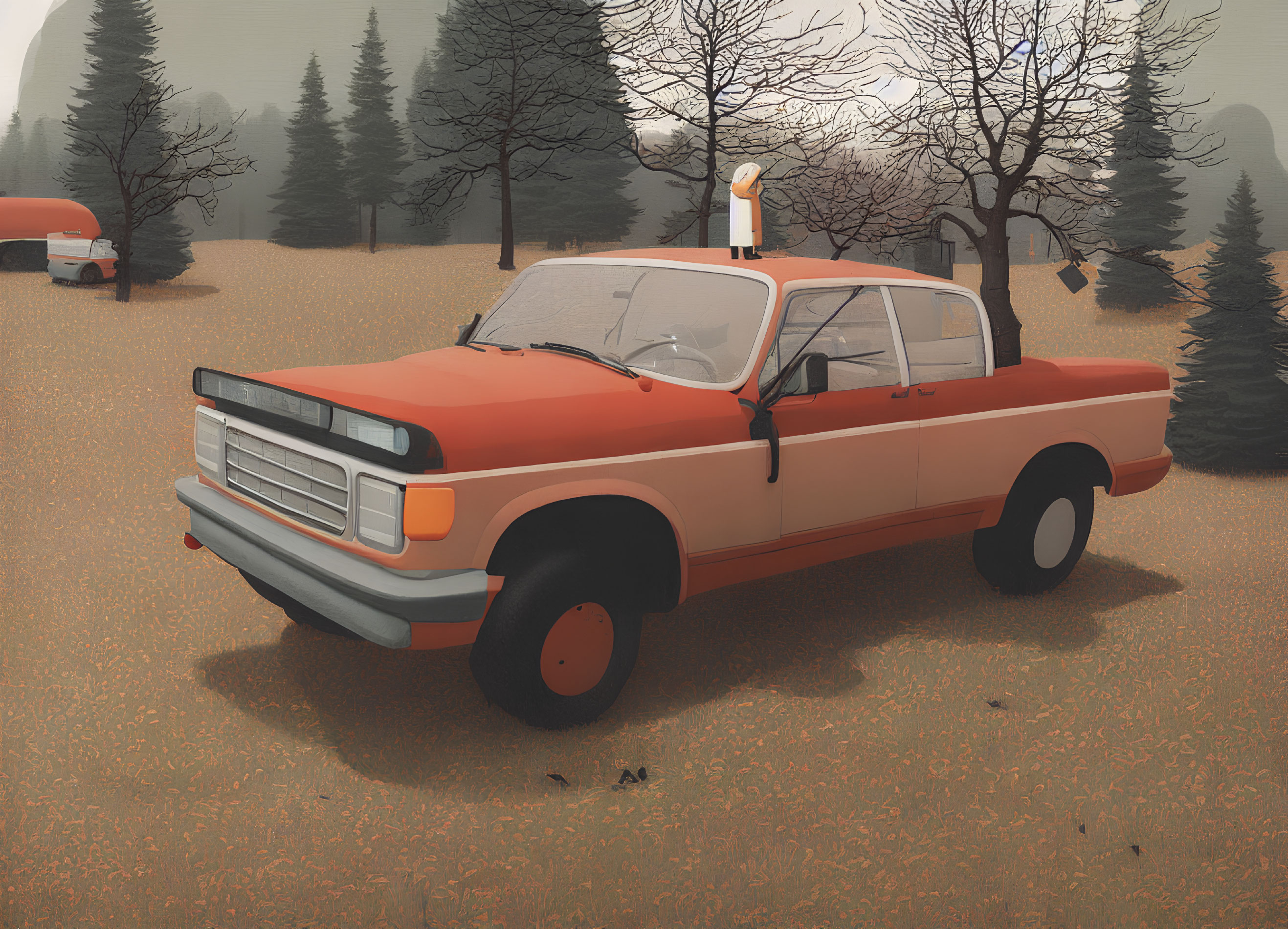 Vintage orange pickup truck in misty autumn forest with bare trees.