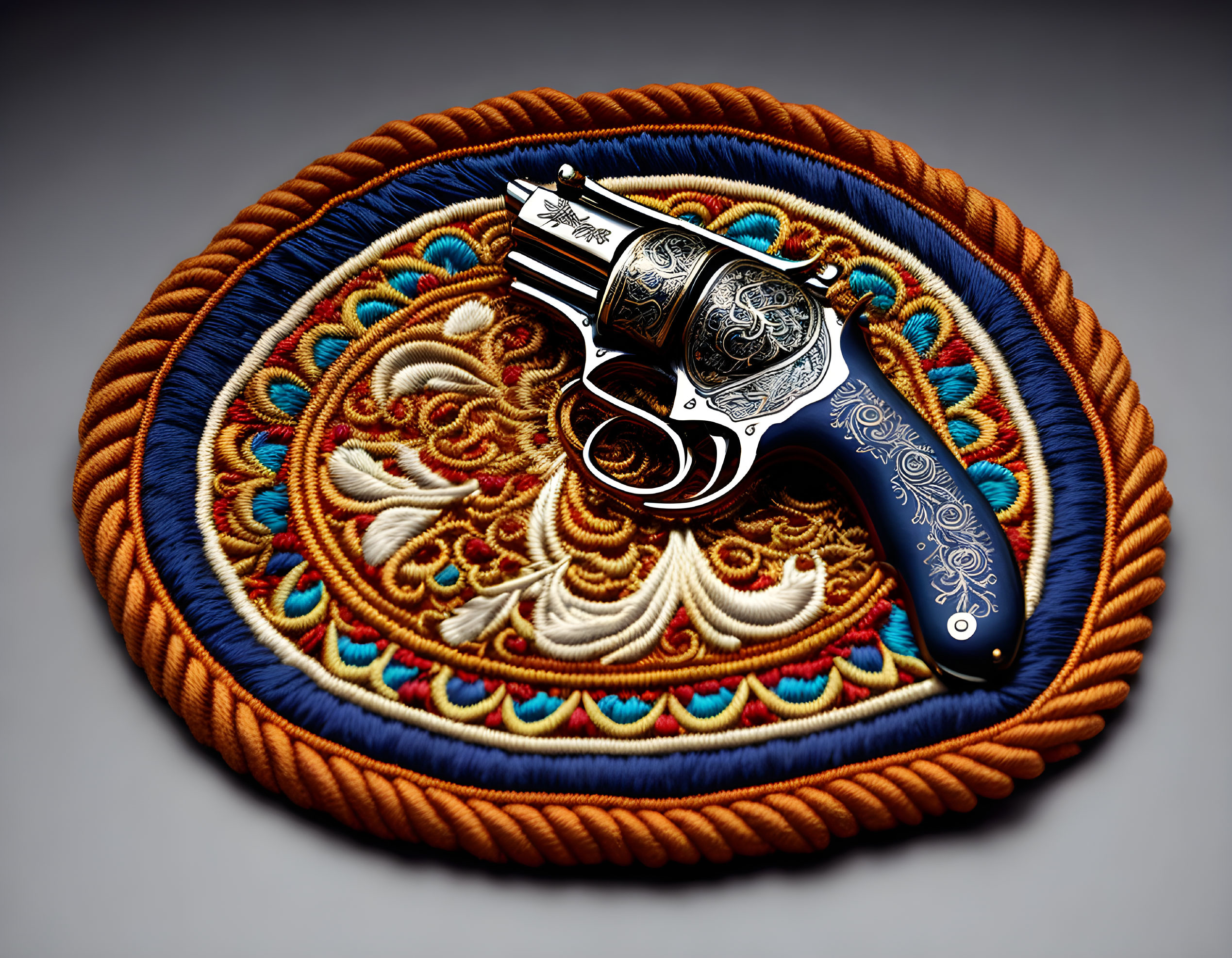 Ornately Engraved Revolver on Multicolored Circular Fabric