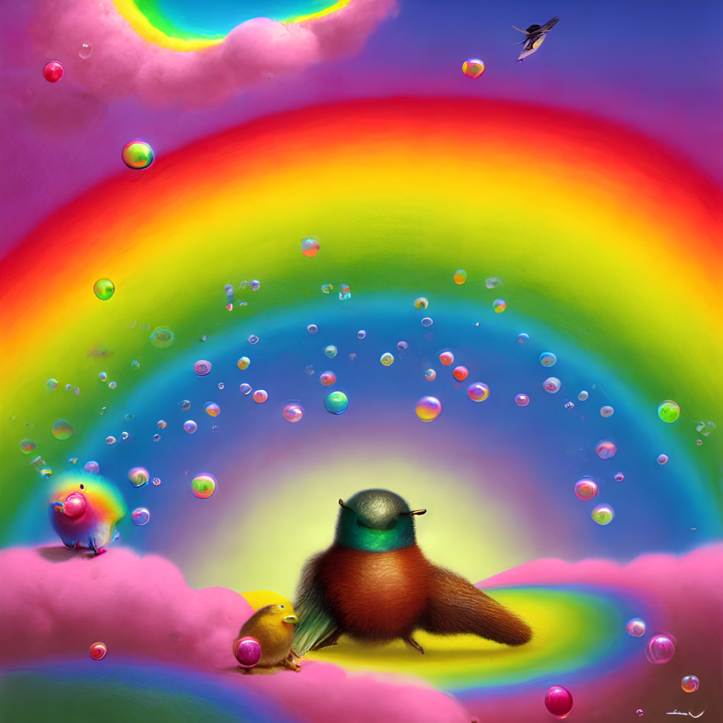 Colorful artwork featuring robin, chick, bubbles, rainbow, clouds, and bee