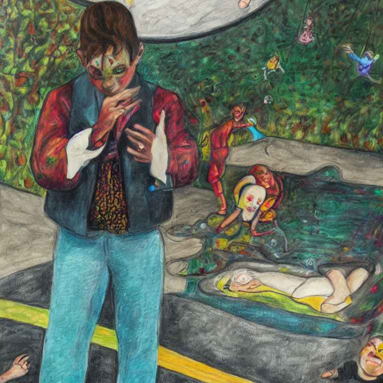 Colorful surreal painting featuring person on phone amidst fantastical elements