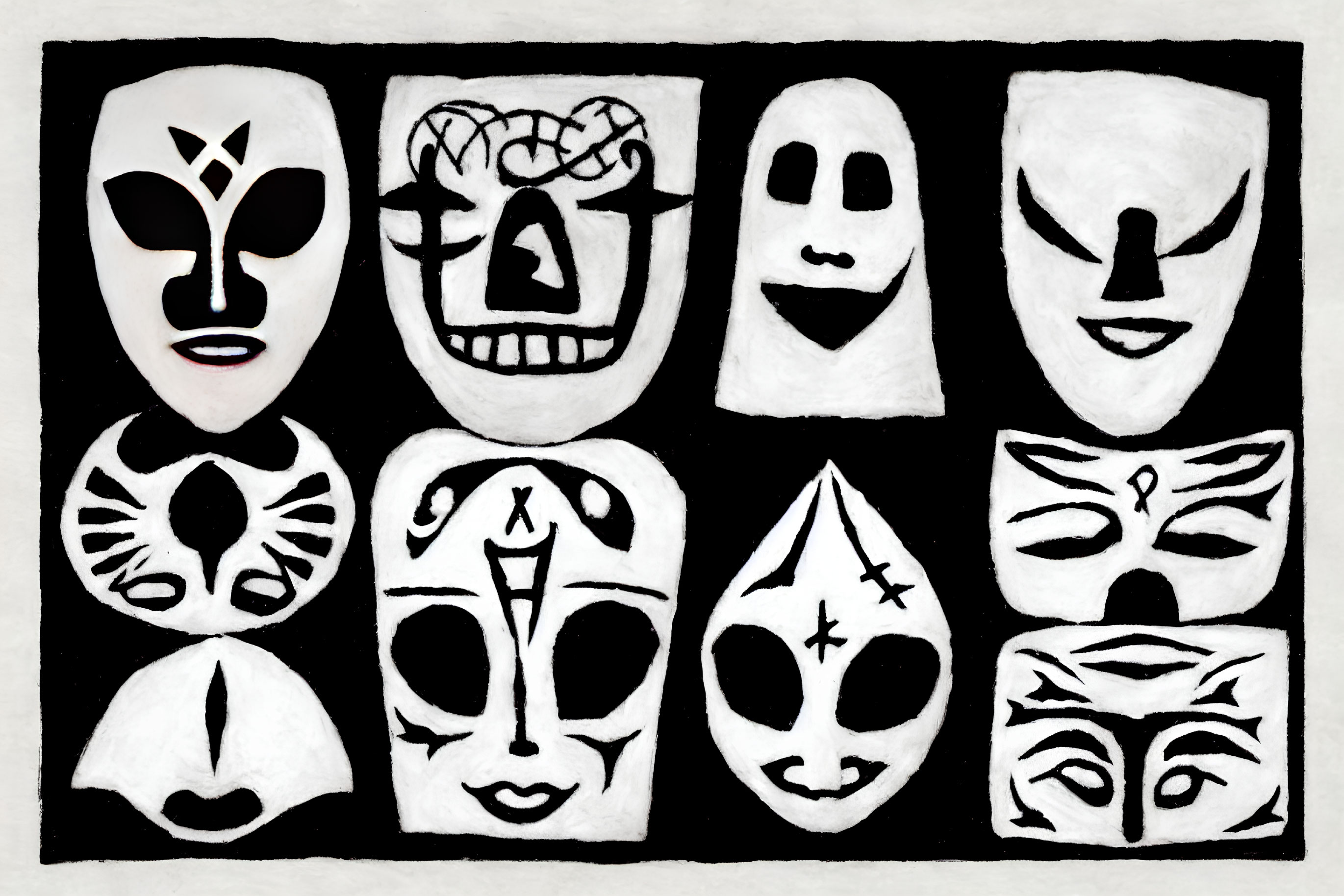 Nine Stylized Black and White Masks with Unique Facial Designs