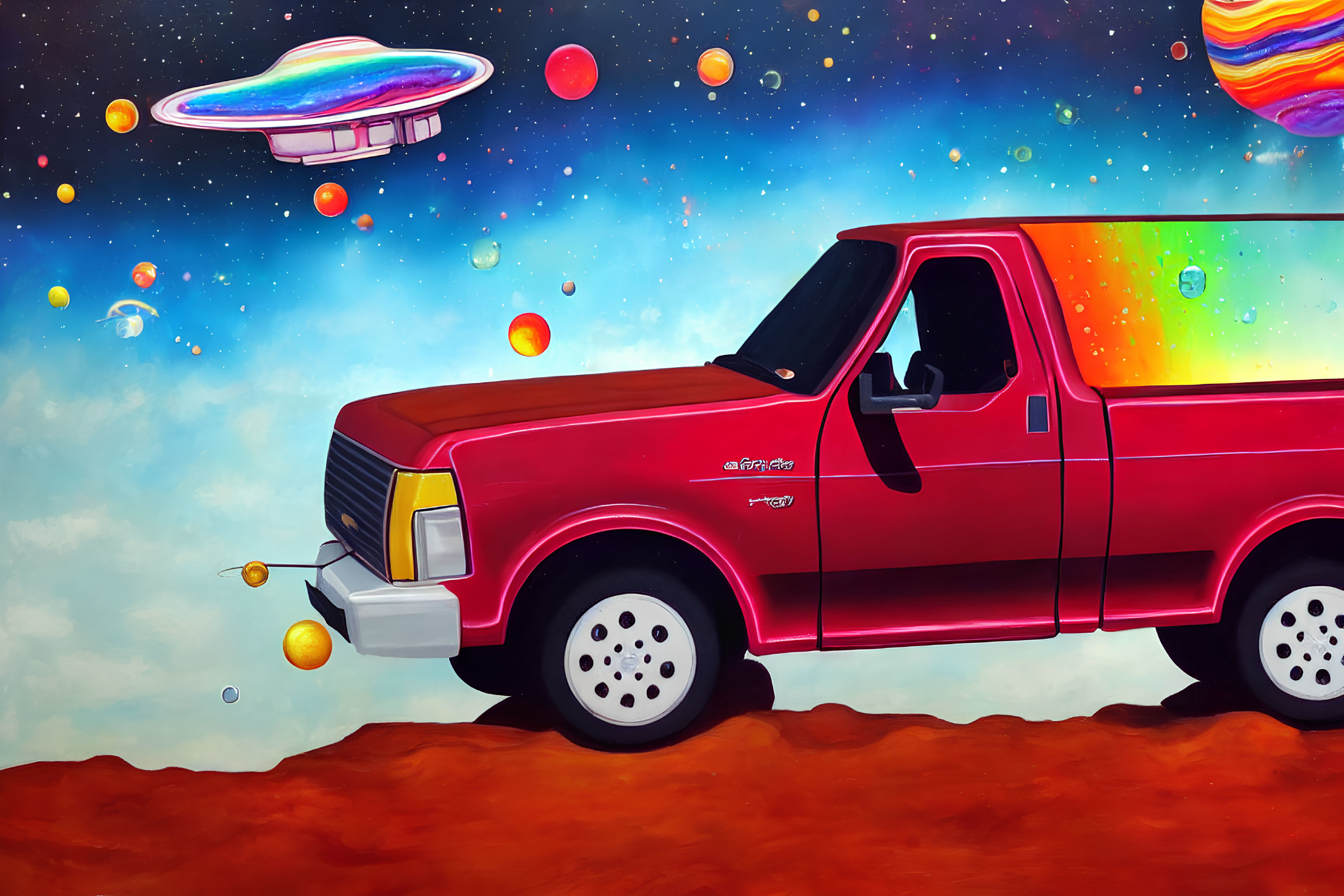 Digital illustration of red pickup truck on Martian landscape with planets, stars, and flying saucer.