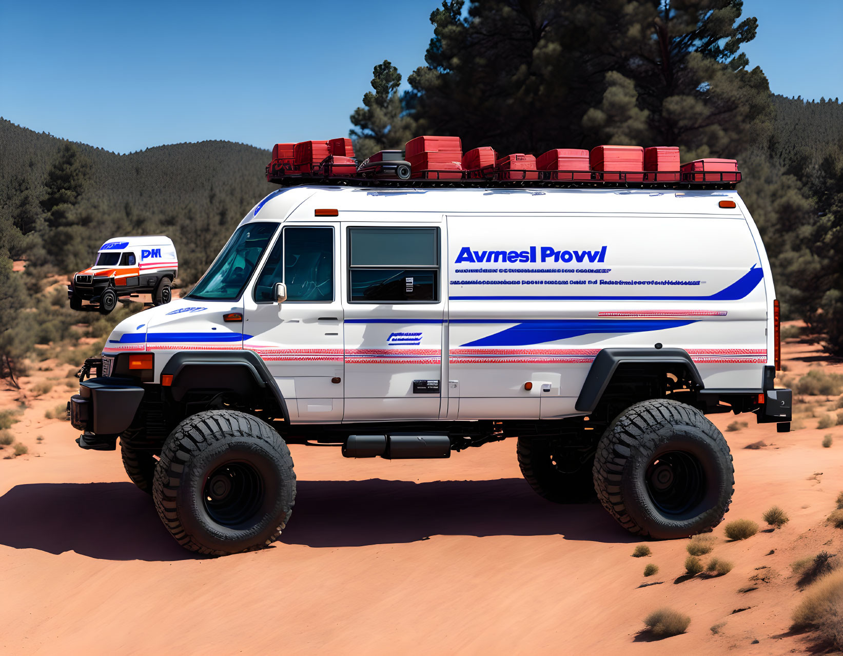 White Off-Road Emergency Vehicle with Red Gas Cans and "Avtimesl Prowl