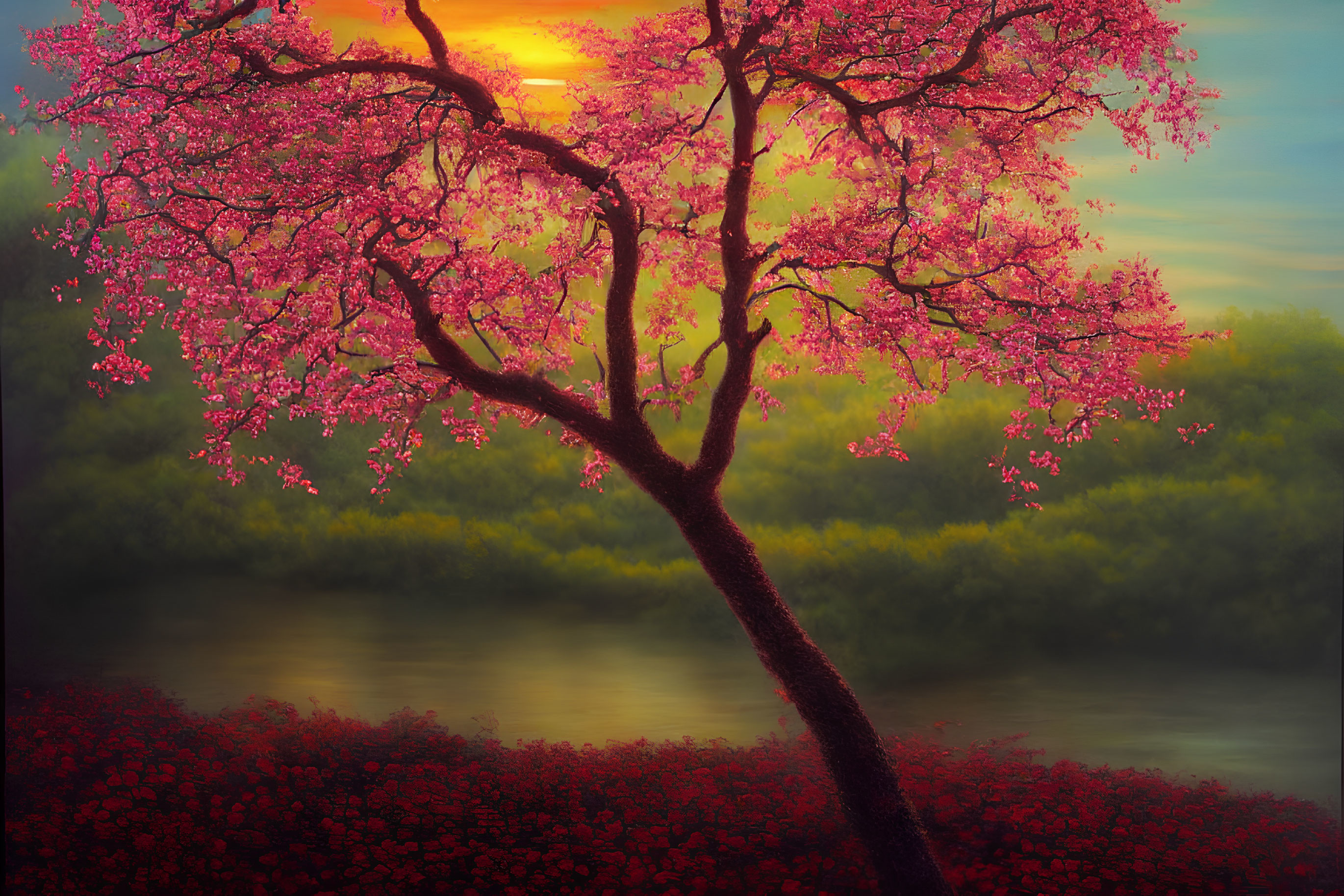 Colorful sunset painting featuring cherry blossom tree and serene river landscape