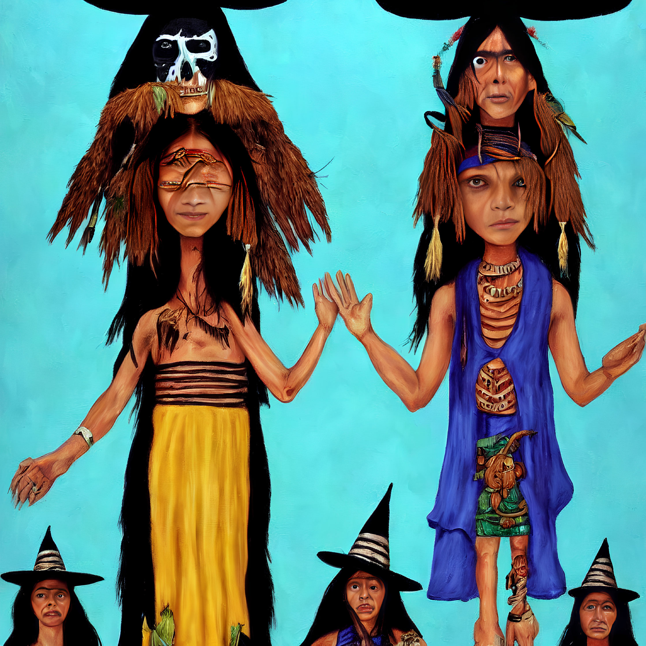 Colorful painting of seven individuals in indigenous attire against teal backdrop