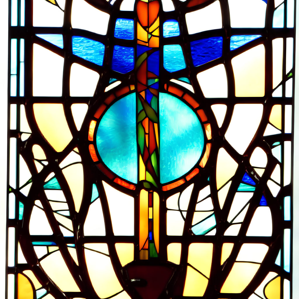Colorful Geometric Patterns in Backlit Stained Glass Window