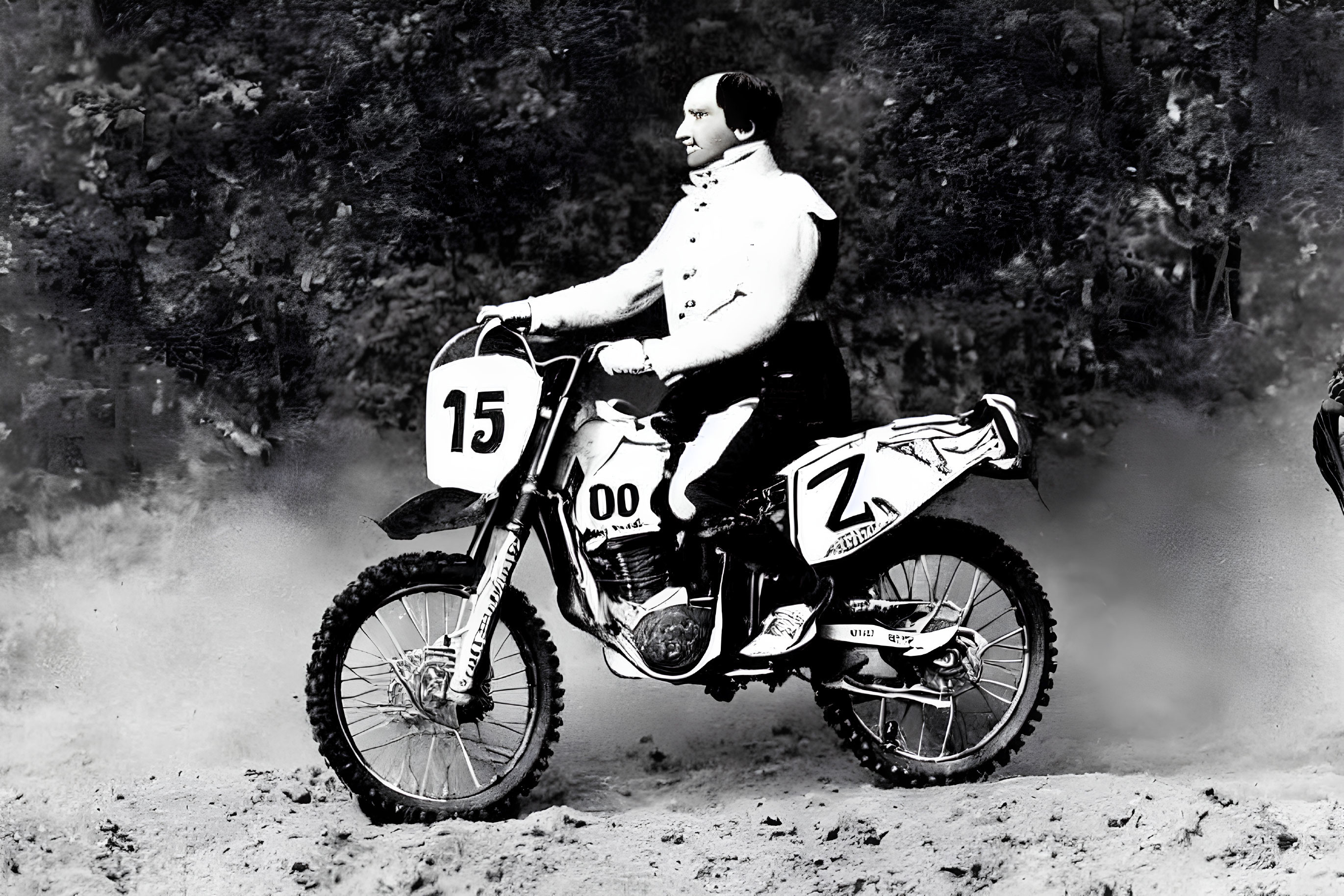 Vintage Attire Person on Modern Motocross Bike with Number 15