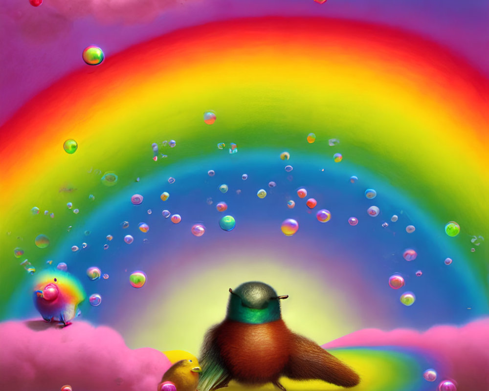 Colorful artwork featuring robin, chick, bubbles, rainbow, clouds, and bee