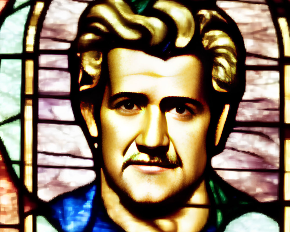 Man with Wavy Hair and Mustache in Warm Toned Stained Glass