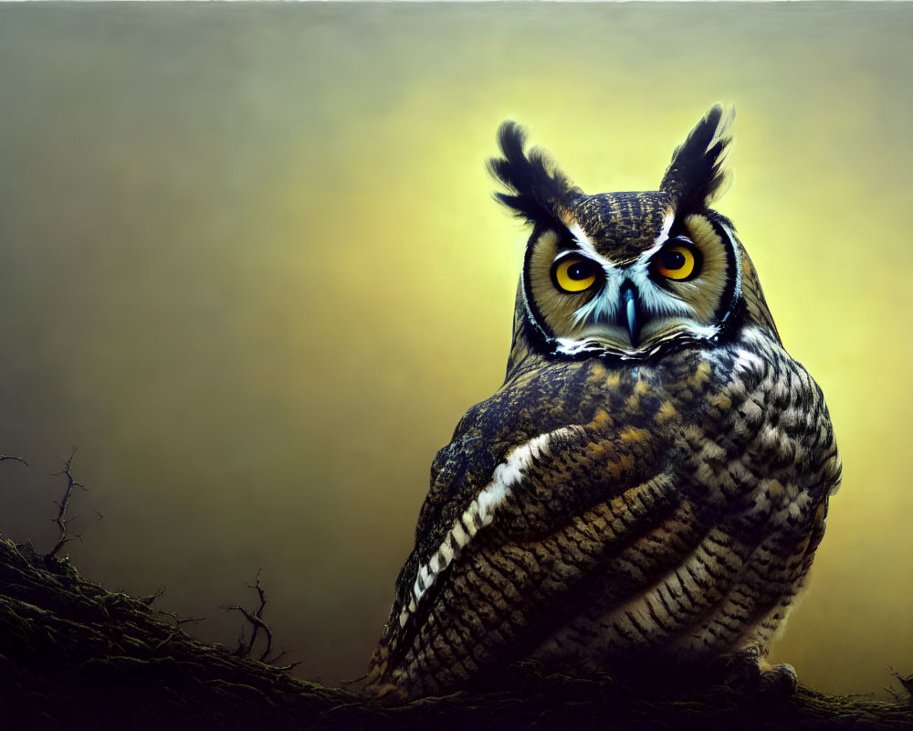 Great Horned Owl perched on branch with piercing yellow eyes and ear tufts