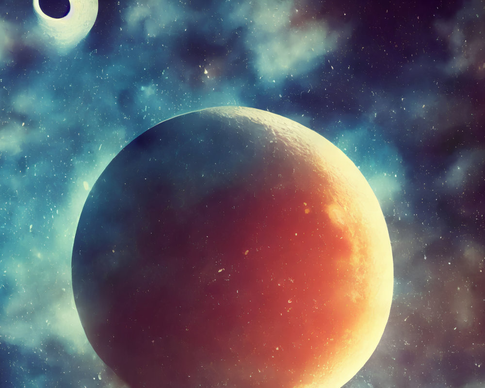 Large Red Planet and Smaller Celestial Body in Cosmic Scene