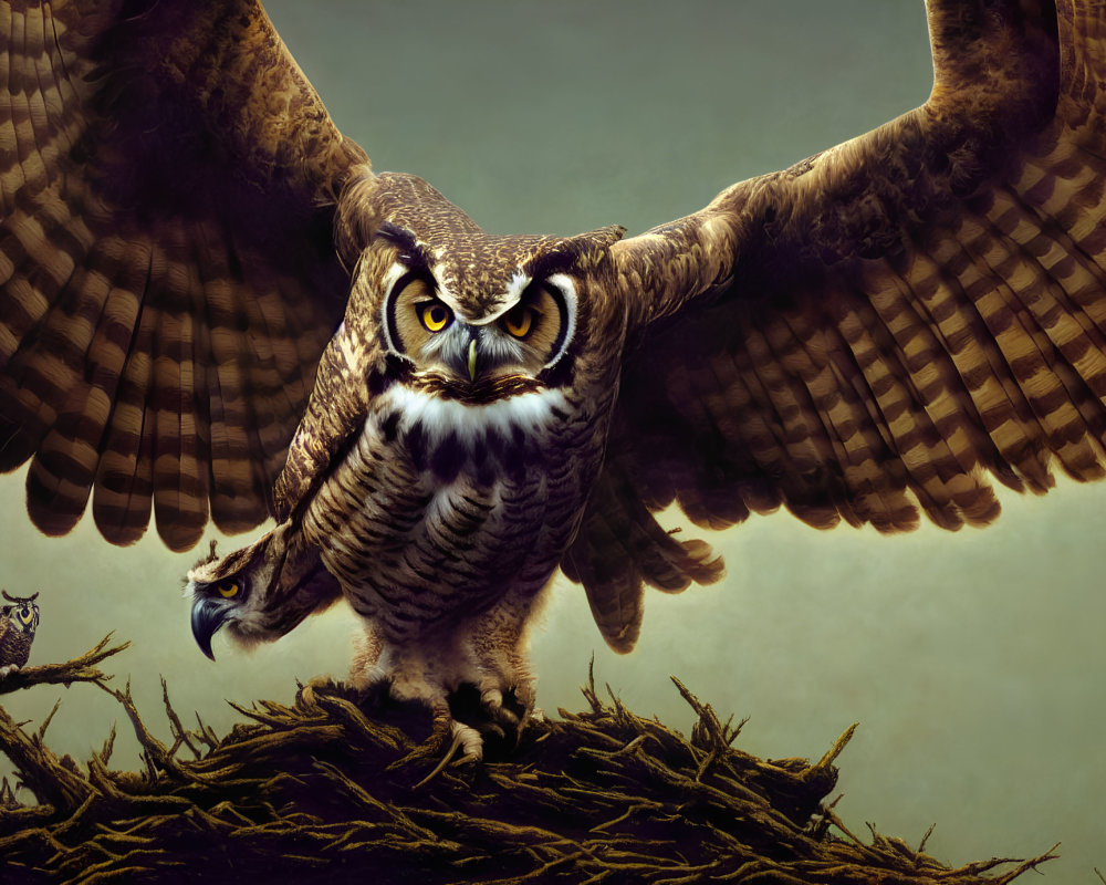 Great Horned Owl Spreading Wings on Nest with Smaller Bird