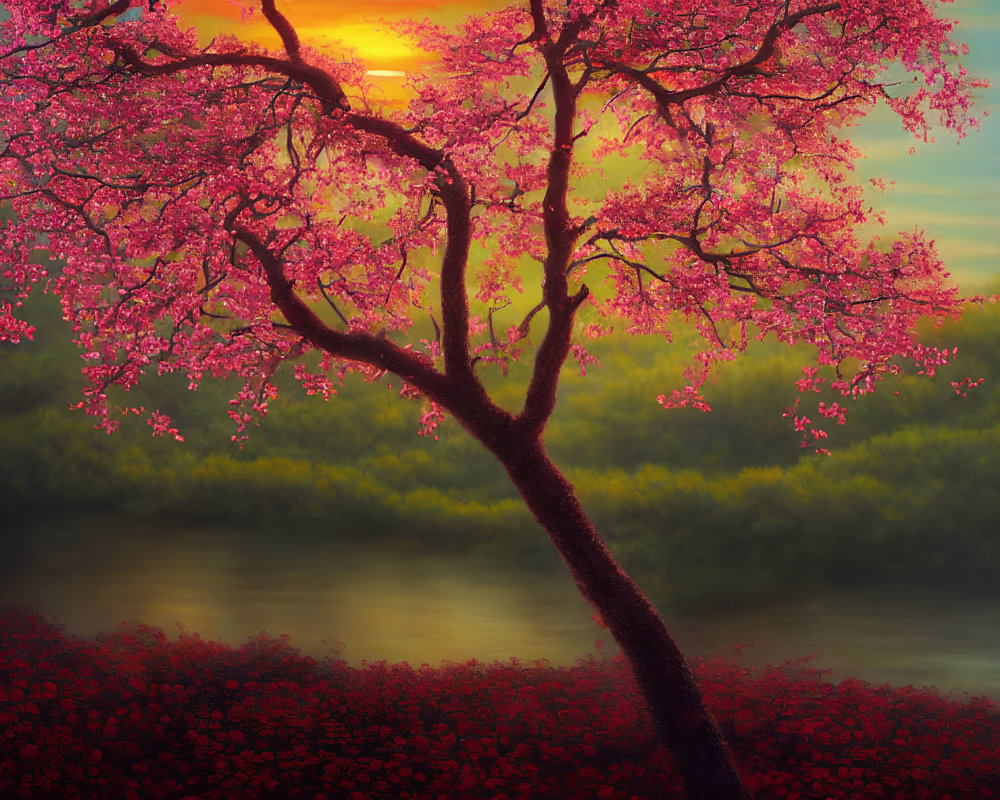 Colorful sunset painting featuring cherry blossom tree and serene river landscape
