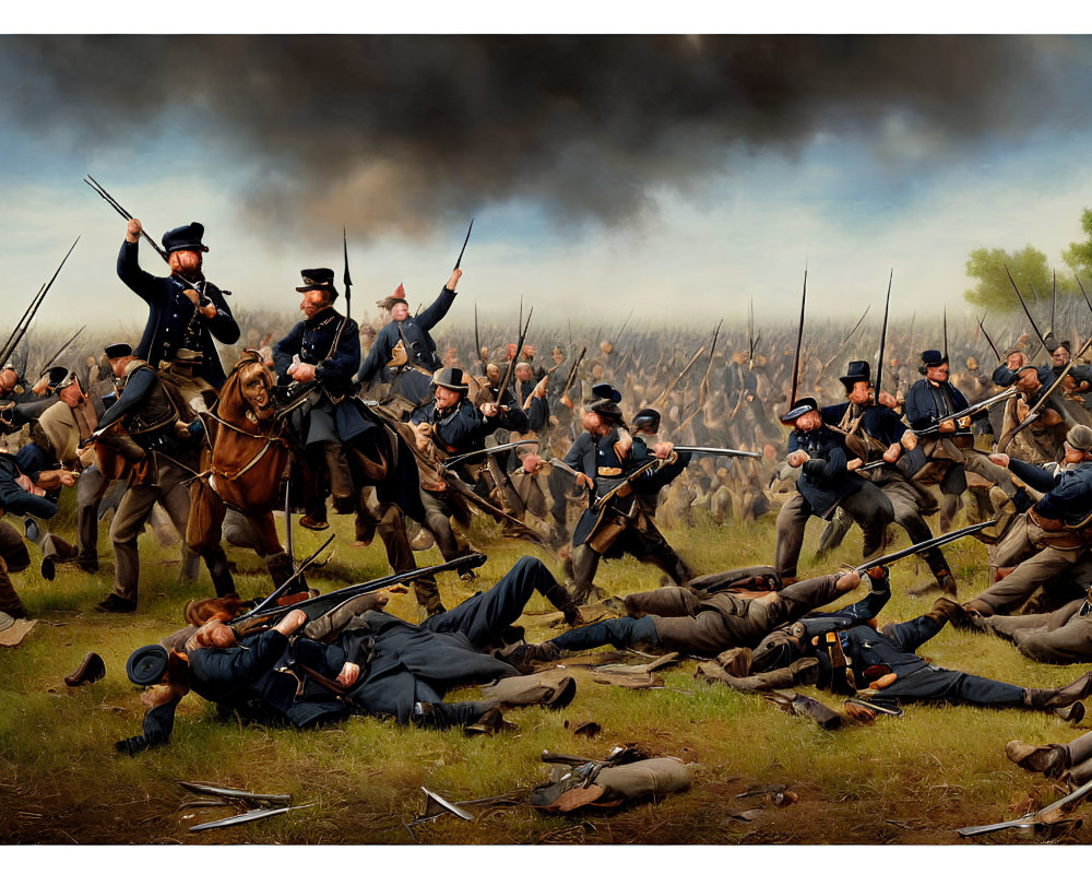 Intense Battle Scene with Soldiers in Uniform on Smoky Battlefield